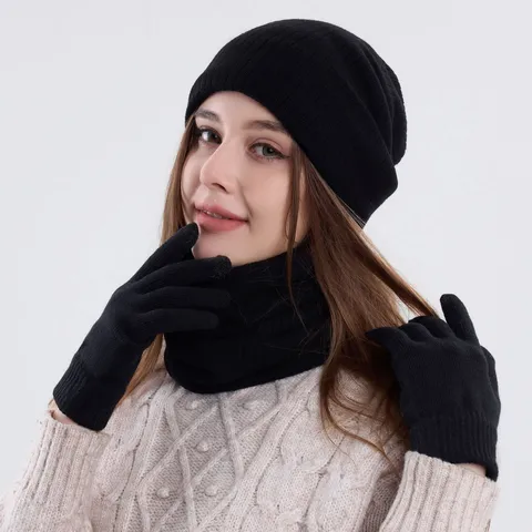 Winter Hat Scarf Gloves Set Fleece Lined Knit Beanie Touchscreen Gloves Neck Warmer For Men Women Outdoor Cold Weather Accessory