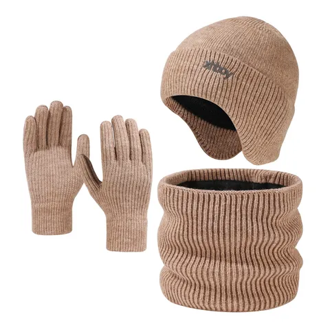 Conjunto de Tres Piezas de Gorro Bufanda y Guantes de Punto Cálido de Invierno Unisex Forrado de Forro Polar Engrosado