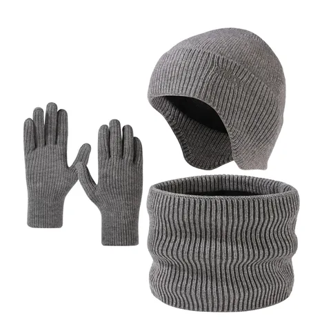 Conjunto de Tres Piezas de Gorro Bufanda y Guantes de Punto Cálido de Invierno Unisex Forrado de Forro Polar Engrosado