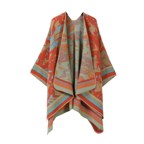 Damen Retro Geometrischer Poncho Schal Kaschmirimitat Vorne Offen Schlitz Design Weiche Warme Oberbekleidung Robe Winter