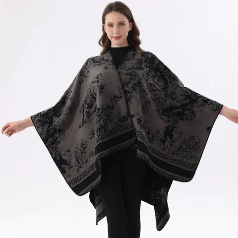 Vintage Gesprenkelte Imitations-Kaschmir Schal Für Damen Pullover-Cape Doppelseitig Jacquard Geometrisch Warm Fransen Poncho Reisen