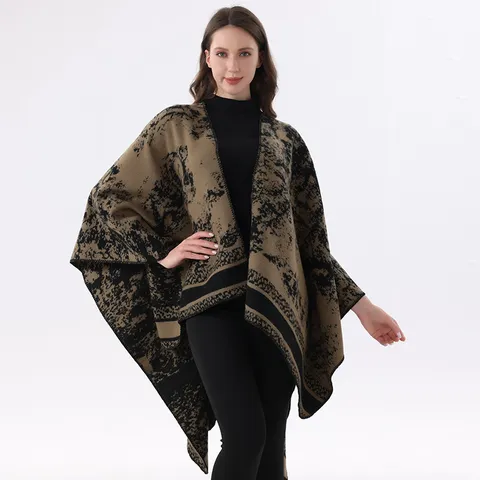 Vintage Gesprenkelte Imitations-Kaschmir Schal Für Damen Pullover-Cape Doppelseitig Jacquard Geometrisch Warm Fransen Poncho Reisen