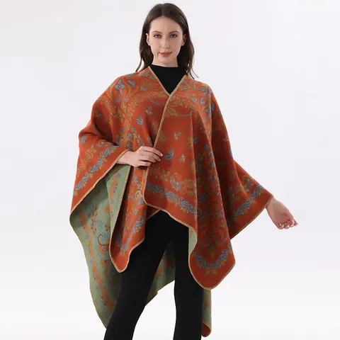 Pastoral Kaschmir-Imitat Vorne Offen Schal Cape Für Damen Vintage Bedruckt Doppelseitig Gestrickt Warm Wickelschal Poncho