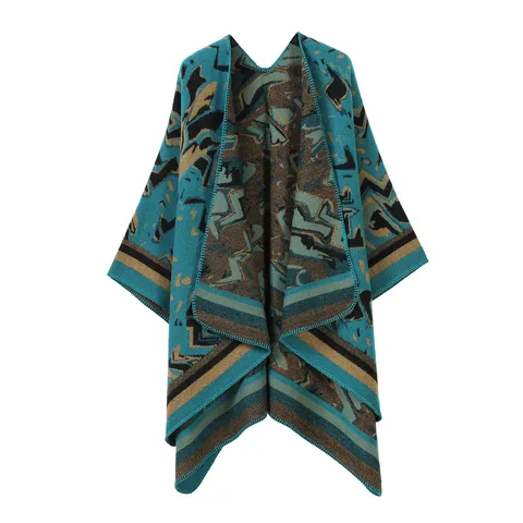 Damen Retro Geometrischer Poncho Schal Kaschmirimitat Vorne Offen Schlitz Design Weiche Warme Oberbekleidung Robe Winter