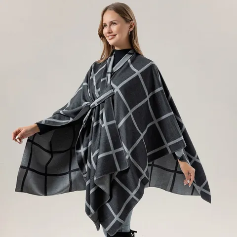 Women's Fashion Plaid Cape Shawl Autumn Winter Casual Travel Warm Knitted Tassel Fringe Oversized Wrap Poncho