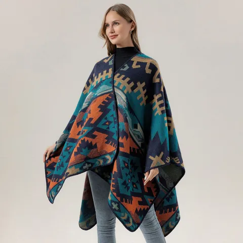 Damen Ethisch Geometrisches Jacquard Imitat Kaschmir Schal Umhang Winter Warm Verdickt Offene Vorderseite Poncho Decke Schal Oberbekleidung
