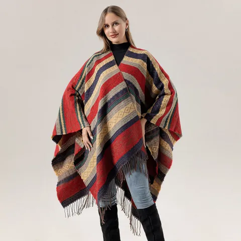 Women's Imitation Cashmere Tassel Shawl Poncho Bohemian Striped Winter Warm Travel Cape Blanket Open Front Outerwear