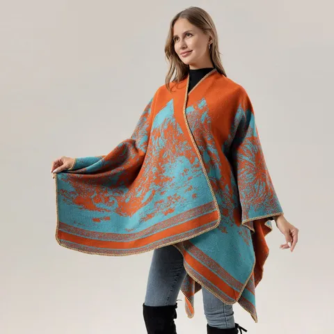 Women Fashion Acrylic Imitation Cashmere Shawl Winter Warm Knitted Travel Cape Vintage Jacquard Open Front Outerwear Scarf
