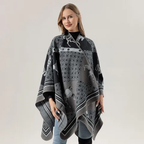 Women Retro Horse Pattern Faux Cashmere Shawl Fashion Warm Open Split Cloak Ethnic Style Winter Blanket Scarf