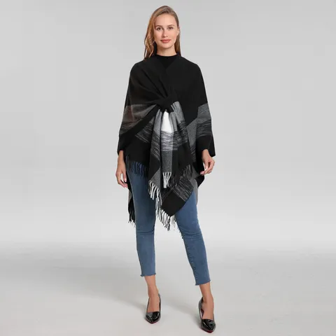 Kunstkasjmier Kwastje Cape Sjaal Dames Winter Warm Ruitjes Franjes Wikkel Open Voorkant Poncho Mode Bovenkleding
