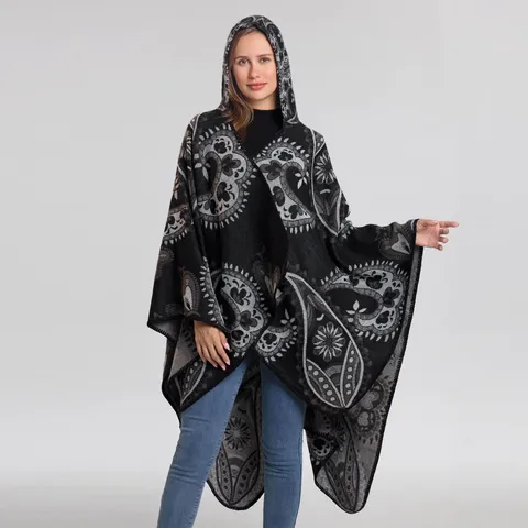 Mujer Moda Capa con Capucha Invierno Espesada Imitación Cachemira Chal Vintage Girasol Estampado Paisley Poncho Abierto