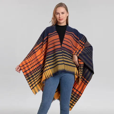 Mujer Vintage Cuadros Rayas Chal Capa Espesado Cálido Imitación Cachemira Flecos Parte Delantera Abierta Manta Envolvente Poncho