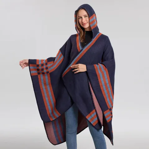 Women Winter Warm Faux Cashmere Poncho Cape European Style Striped Open Front Split Tassel Shawl Cloak