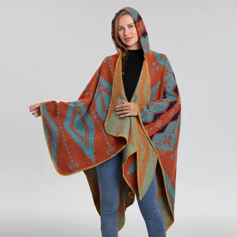 Mujeres Moda Étnica Patrón Geométrico Imitación Cachemira Capa con Capucha Chal Otoño Invierno Cálido Ropa Casual De Abrigo