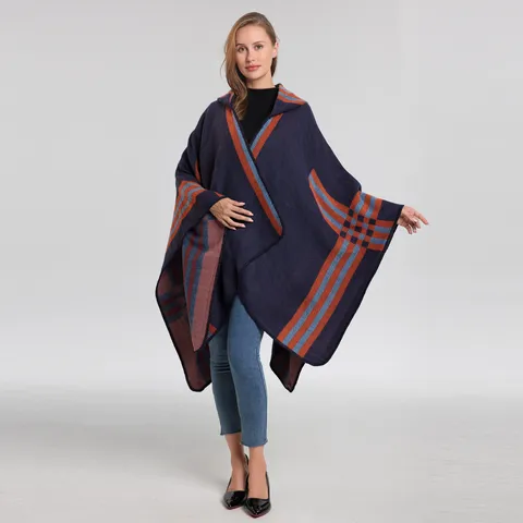 Women Winter Warm Faux Cashmere Poncho Cape European Style Striped Open Front Split Tassel Shawl Cloak