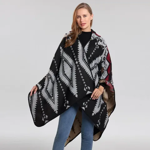 Mujeres Moda Étnica Patrón Geométrico Imitación Cachemira Capa con Capucha Chal Otoño Invierno Cálido Ropa Casual De Abrigo
