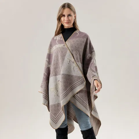 Women Retro Horse Pattern Faux Cashmere Shawl Fashion Warm Open Split Cloak Ethnic Style Winter Blanket Scarf