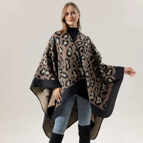 Women Fashion Faux Cashmere Shawl Leopard Print Warm Winter Cape Poncho Casual Open Front Scarf Wrap