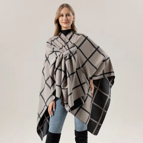 Women Winter Warm Plaid Shawl Cape Versatile Fringe Open Front Poncho Wrap Fashion Casual Outerwear Blanket Scarf