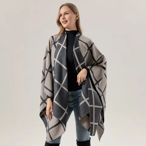 Women Winter Warm Plaid Shawl Cape Versatile Fringe Open Front Poncho Wrap Fashion Casual Outerwear Blanket Scarf