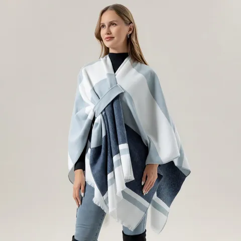 Damen Kunstkaschmir Schal Farbblock Fransen Decke Wrap Offene Front Poncho Cape Winter Warme Mode Schal