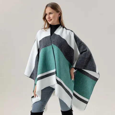 Damen Kunstkaschmir Schal Farbblock Fransen Decke Wrap Offene Front Poncho Cape Winter Warme Mode Schal