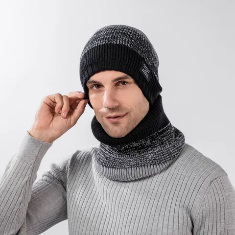 Winter Warm Gestrickte Mütze und Schal Set Fleece Gefüttert Farbverlauf Thermische Kaltwetter Accessoires für Damen