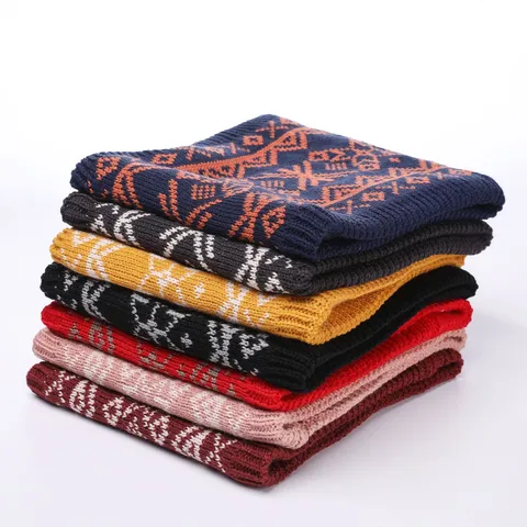 Winter Knitted Fleece Lined Neck Warmer Scarf Geometric Snowflake Print Thermal Snood Loop Scarf For Women Men