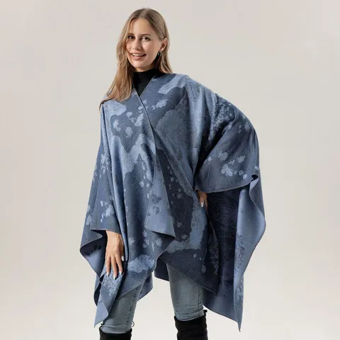 Unisex Retro Horse Pattern Knitted Jacquard Shawl Open Split Cape Versatile Warm Winter Fashion Cloak Scarf