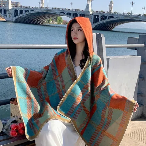 Women Winter Thickened Plaid Hooded Cloak Ethnic Style Polyester Warm Fringe Poncho Shawl Outerwear