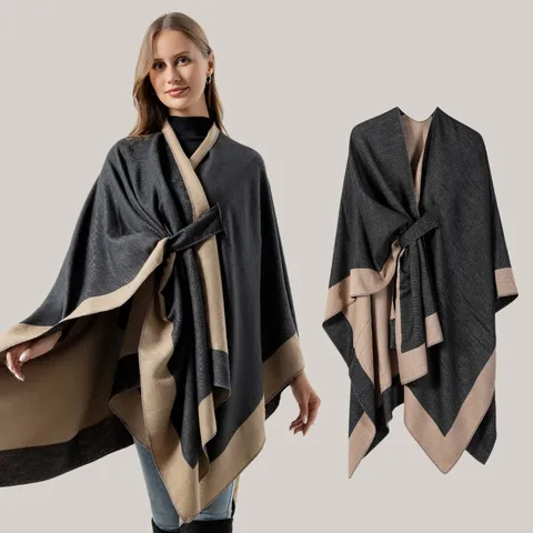 Multifunktionaler Warmer Strick Schal Umhang Damen Winter Gestreifte Decke Cape Minimalistischer Mode Casual Oberbekleidung