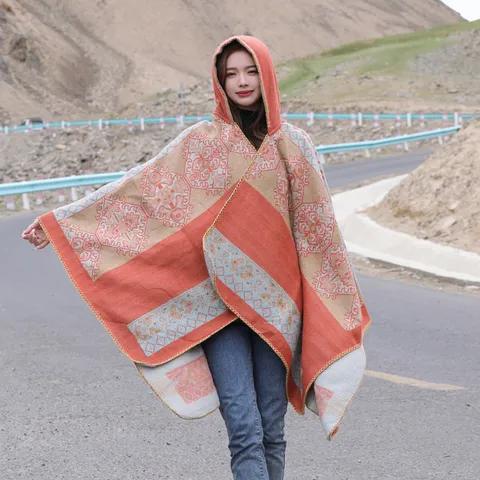 Women Winter Warm Hooded Cape Faux Cashmere Shawl Vintage Ethnic Totem Pattern Open Front Tassel Poncho Cloak Travel