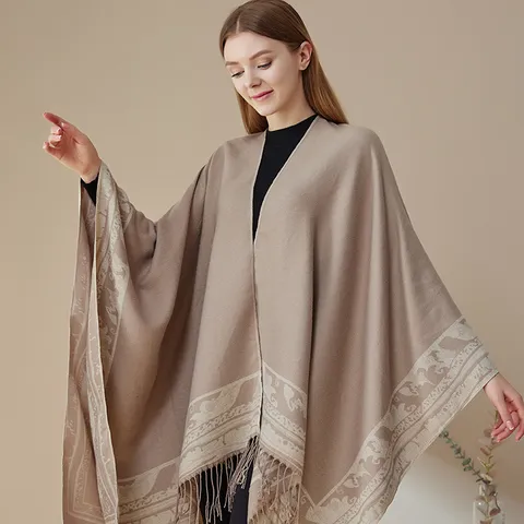 Damen Kaschmir-Ähnlich Wendbar Schal Winter Warm Decke Mode Farbeblock Hahnentritt Cape Poncho Oberbekleidung