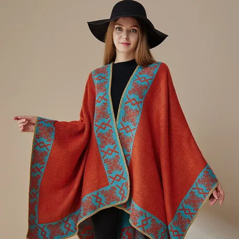 Winter Women Cashmere Feel Shawl Scarf Thickened Warm Vintage Ethnic Geometric Pattern Cape Outerwear