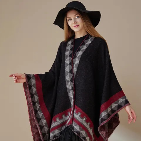 Boheemse Etnische Geometrische Kwast Cape Sjaal Dames Winter Warm Kasmiereffect Franje Wrap Sjaal Reizen Poncho