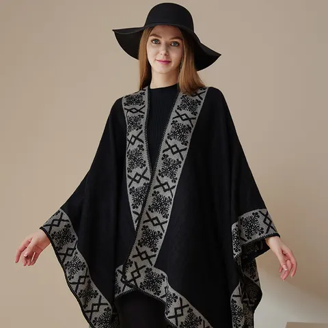 Winter Women Cashmere Feel Shawl Scarf Thickened Warm Vintage Ethnic Geometric Pattern Cape Outerwear