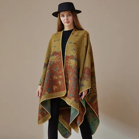 Women's Faux Cashmere Open Front Poncho Cape Shawl Vintage Paisley Print Double-Sided Reversible Warm Winter Cloak
