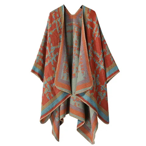 Women Winter Warm Imitation Cashmere Shawl Cape Geometric Plaid Open Front Poncho Casual Retro Tassels Winter Wrap Scarf