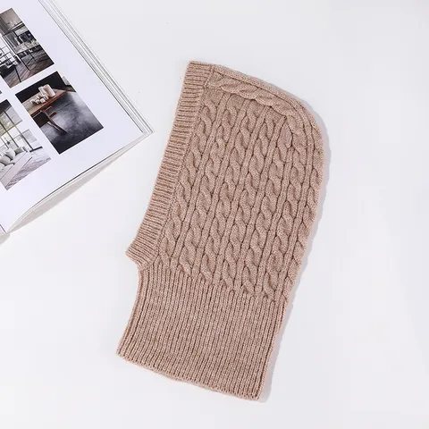 Winter Knitted Hooded Scarf Thickened Cable Knit Pullover Beanie Hat Warm Neck Warmer For Men And Women
