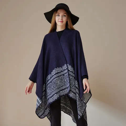 Women Faux Cashmere Shawl Cape Winter Warm Thickened Blanket Scarf Open Front Poncho Wrap Casual Tassel Design Outerwear