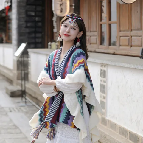 Womens Ethnic Striped Colorful Wave Pattern Tassel Shawl Ruffle Open Front Poncho Cape Winter Warm Travel Scarf