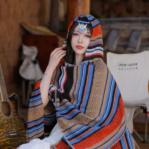 Women Bohemian Retro Ethnic Hooded Cape Sun Protection Warm Striped Shawl Outer Wear Acrylic Poncho