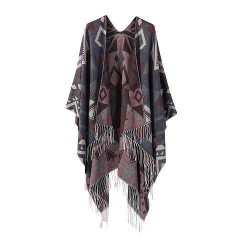 Damen Böhmisch Ethisch Geometrisches Druckmuster Quasten Schal Cape Verdickt Imitat Kaschmir Offene Front Poncho