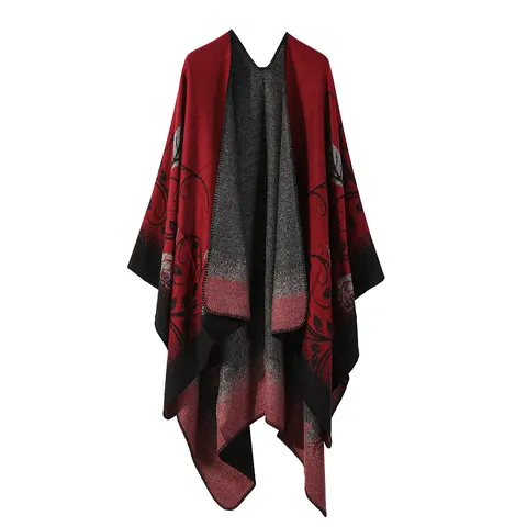 Mantella scialle in maglia stile etnico retro autunno inverno da donna Ispessito Caldo Mantello Cappotto Stampa Floreale Moda