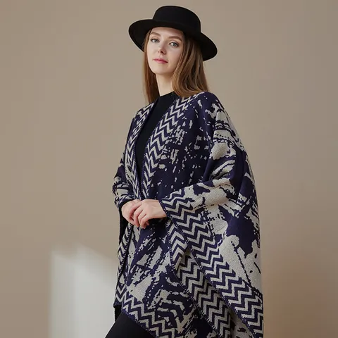 Damen Winter Warme Imitation Kaschmir Schal Umhang Retro Wellen Paisley Jacquard Fransen Oversized Decke Schal Tuch