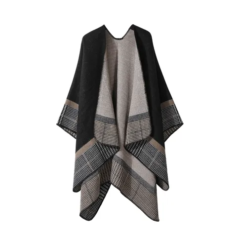 Women's Winter Warm Faux Cashmere Cape Shawl Open Front Color Block Plaid Striped Poncho Casual Reversible Cloak Outerwear