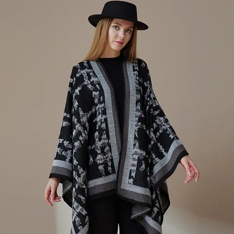 Women's Winter Warm Faux Cashmere Cape Shawl Open Front Color Block Plaid Striped Poncho Casual Reversible Cloak Outerwear