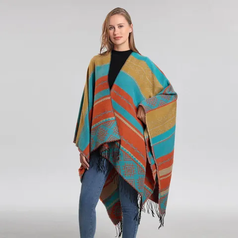 Damen Böhmisch Geometrisch Quaste Schal Umhang Winter Warm Verdickt Wendedesign Jacquard Wickelschal