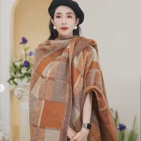 Women's Ethnic Style Faux Cashmere Shawl Winter Warm Pullover Cape Plaid Scarf Tassel Fashion Outerwear