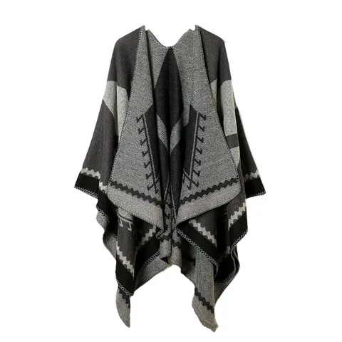 Women Autumn Winter Imitation Cashmere Shawl Retro Ethnic Geometric Pattern Open Front Cape Warm Poncho Scarf